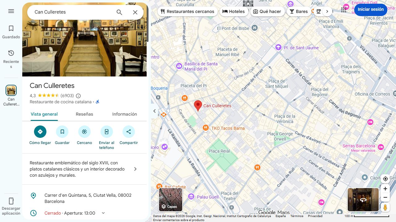 Captura real de Google Maps: ficha de Can Culleretes y su ubicación en el barrio Gòtic de Barcelona